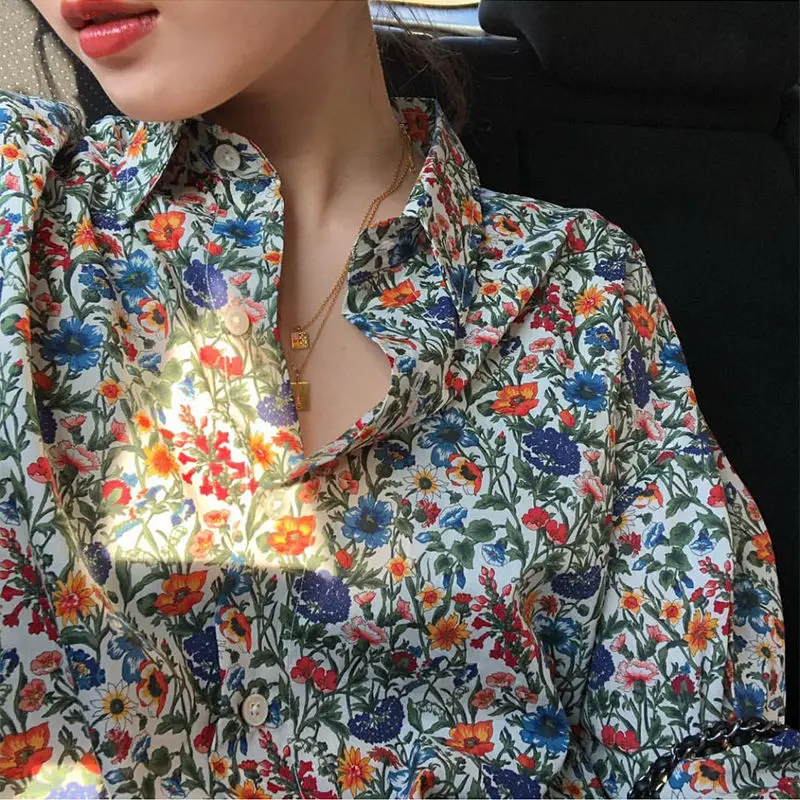 Spring Vintage Floral Turn-down Collar Long Sleeve Blouse Women Clothing All-match Buttons Loose Shirts Ladies Korean Printing