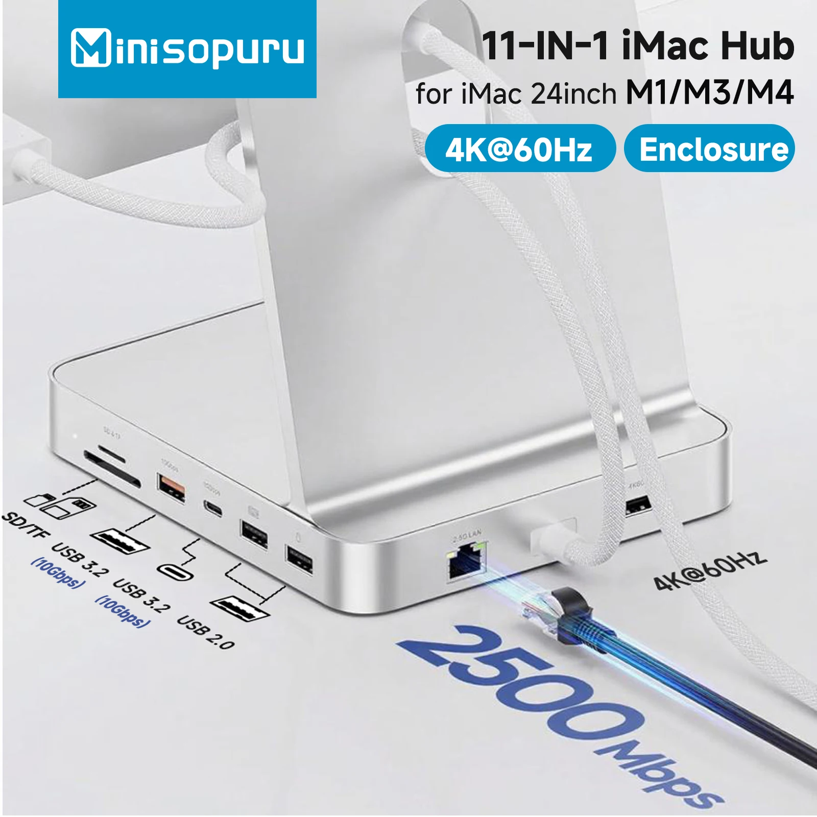 Minisopuru 11 في 1 iMac Hub لـ iMac 24 بوصة M1 M3 M4 مع 4K HDMI 2.5GbE 4TB M.2 SSD Case 10Gbps DATA SD/TF ملحقات iMac