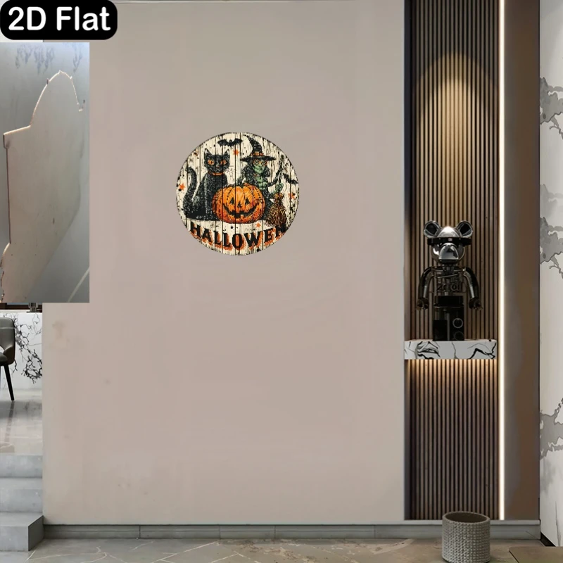 2D Flat, Retro Black Cat And Witch Wooden Wall Decor - Round Wooden Plaque, Black And Golden Tones, White Polka Dots And Stars -