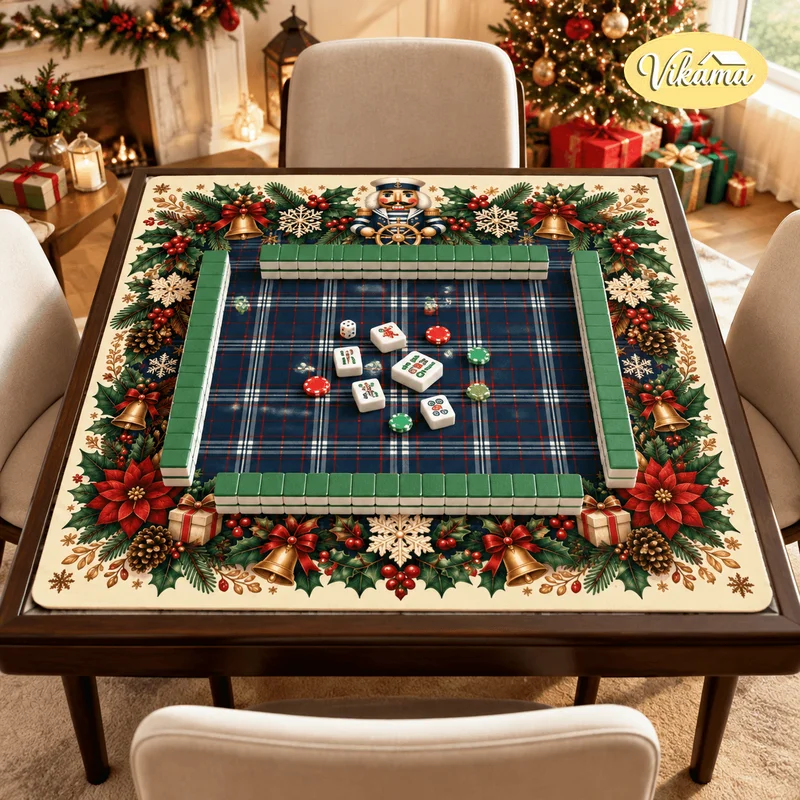VIKAMA Navy Plaid Sailor Nutcracker Wheel Bell Table Poker Cover Non Slip Board Game Decor Mahjong Table Poker Table Cloth