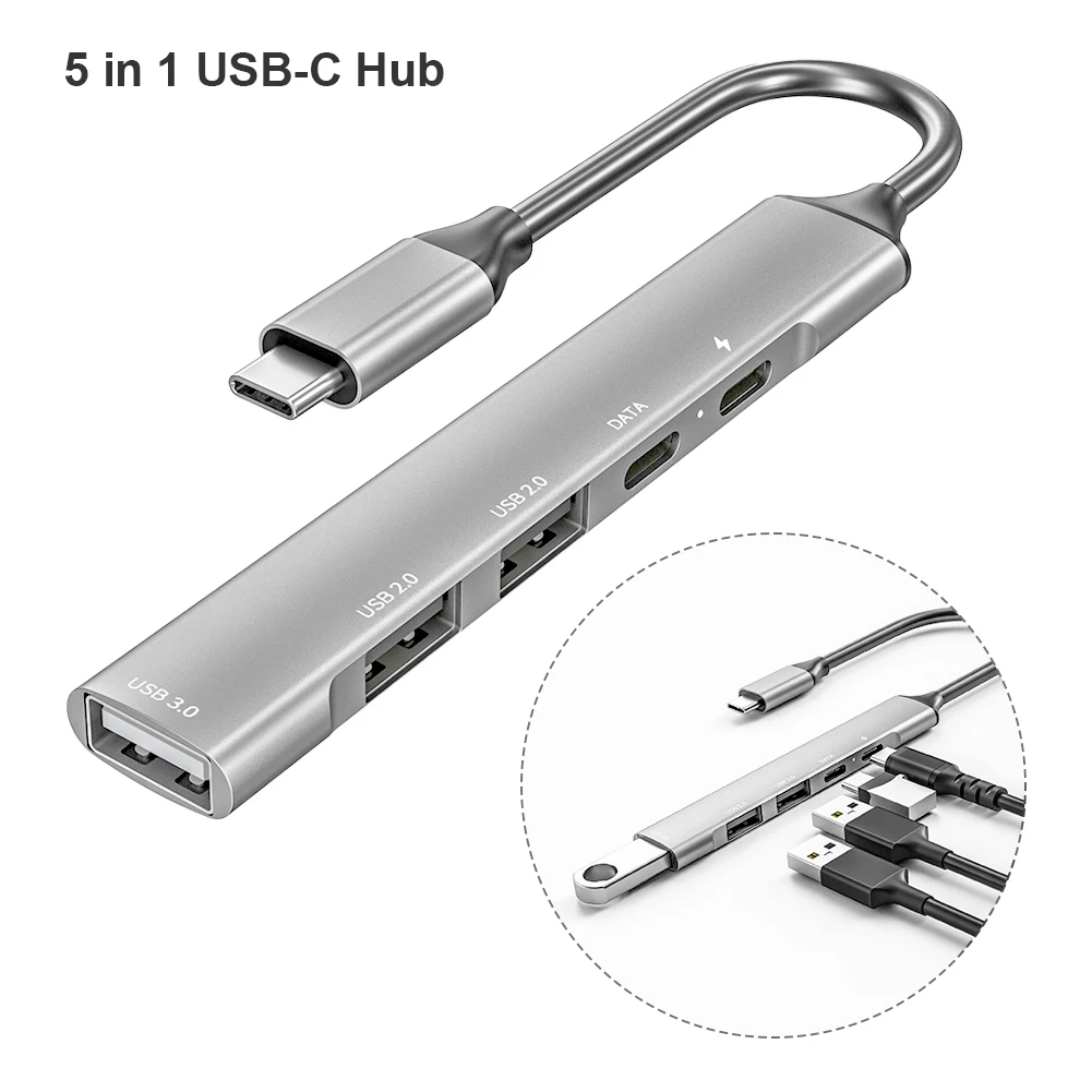 Alumínio Liga Gigabit Ethernet USB C Hub, Transferência De Dados Do Laptop, Entrega De Energia, Adaptador Multiport, Escritório Networking, 5 em 1
