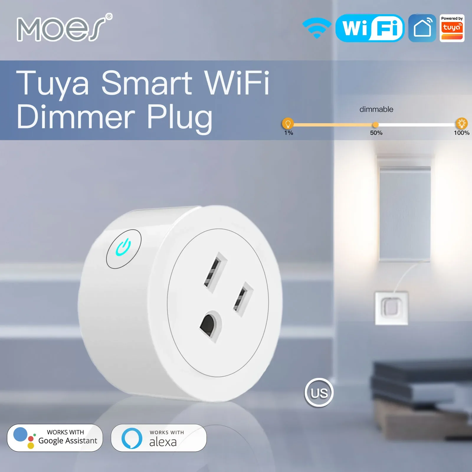 MOES WiFi Smart Power Socket Plug Brightness Adjust Timer For Tuya Smart Life App, Alexa Google Assistant Voice Control US