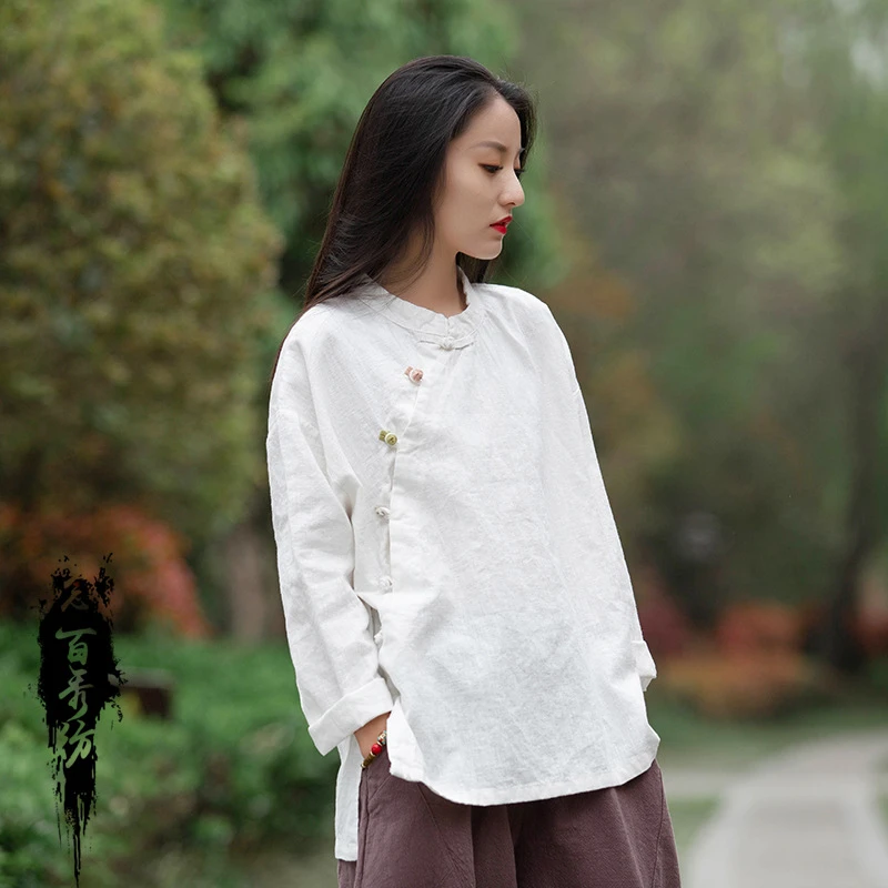 2022 New Chinese Women's Cotton Linen Shirt Retro Long-Sleeved Blouse Zen Clothing Partial Placket Color Matching Disc Button