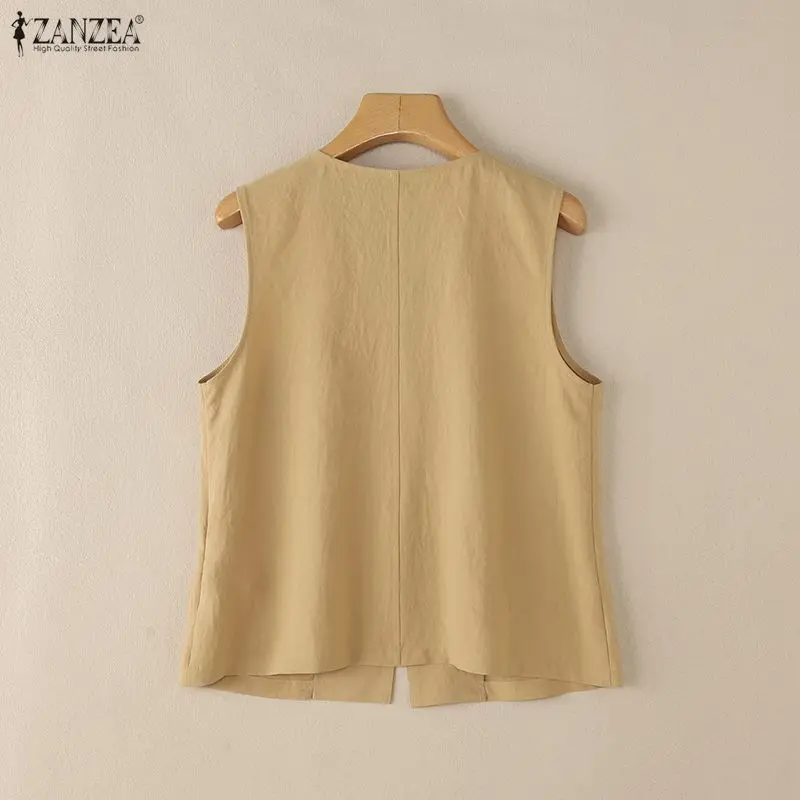 ZANZEA Fashion Women Sleeveless Tanks Tops Solid Color Tees Elegant Office Lady Shirts 2026 Loose Casual Buttons Summer Camis