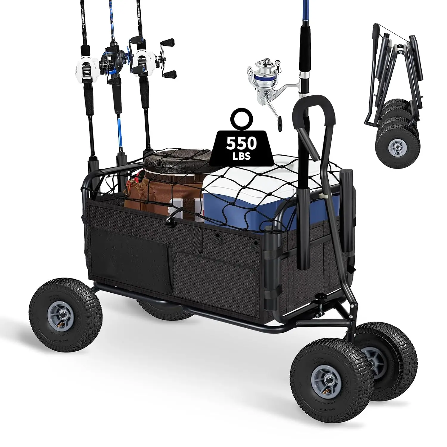 Fishing Cart Beach Cart Collapsible Wagon w/11'' All-Terrain Wheels for Sand, Heavy Duty Garden Cart with Rod, Customized
