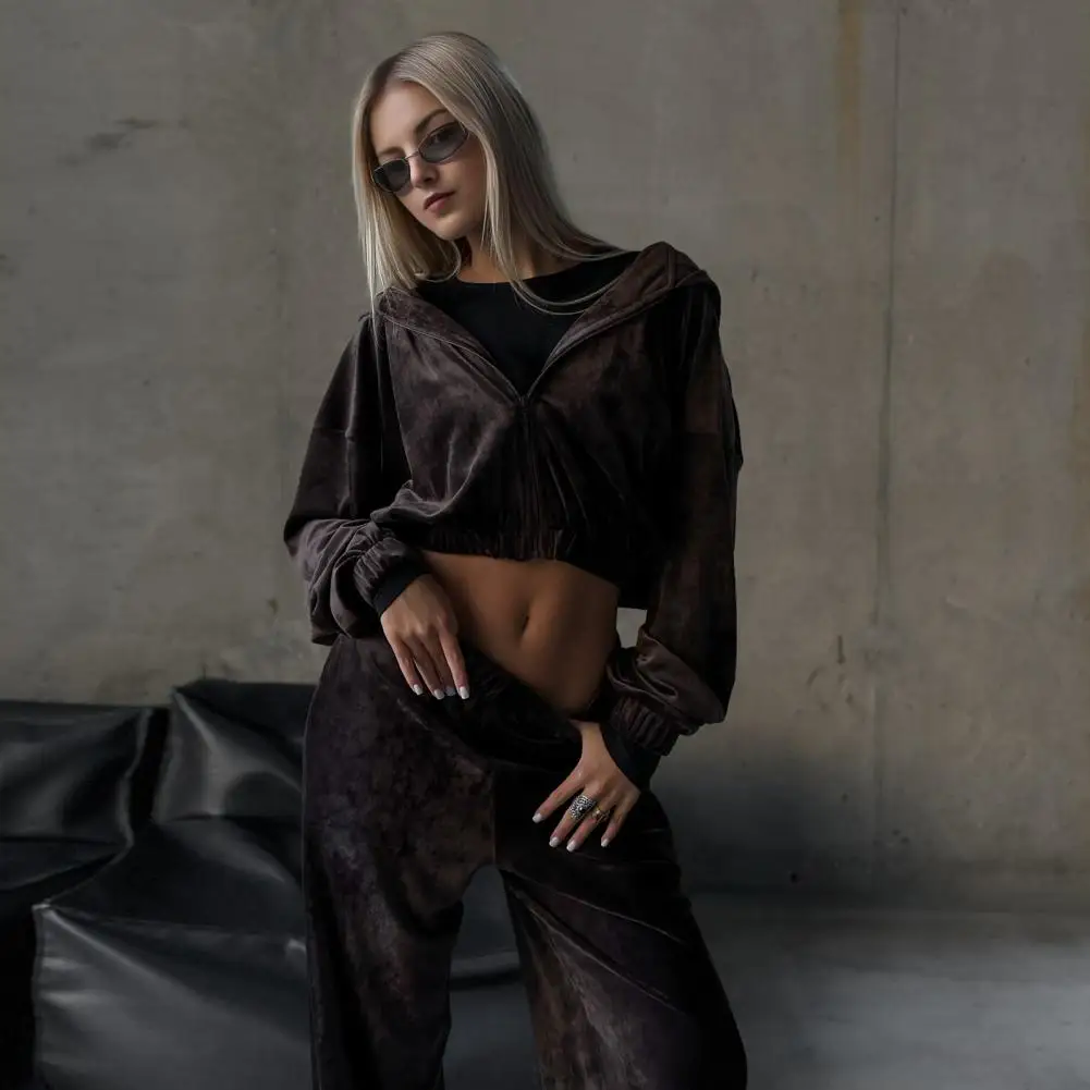 2026 Women's 2 Piece Velour Tracksuit Set Full Zip-up Hooded Sweatshirts And Wide Leg Pants Set Soft Velvet Outfits