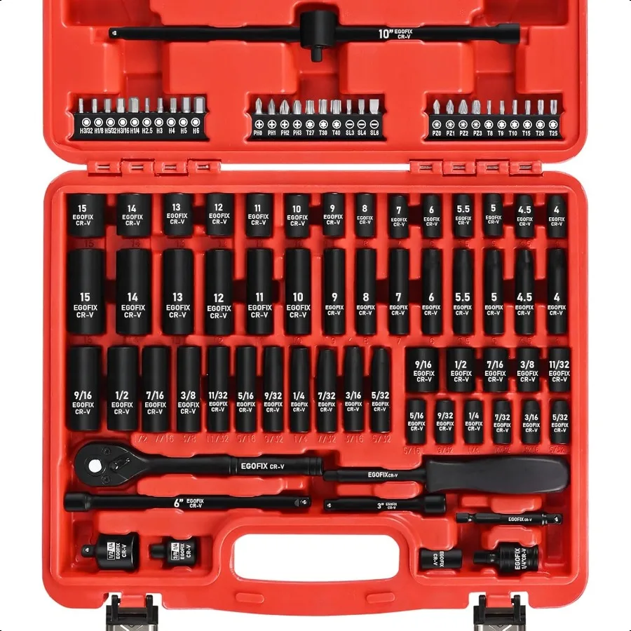 1 4 Drive Impact Socket Set 90 Piece Metric Socket 415mm and Standard SAE Size (5 329 16 inch) with 72Teeth Ratchet Screwdriver