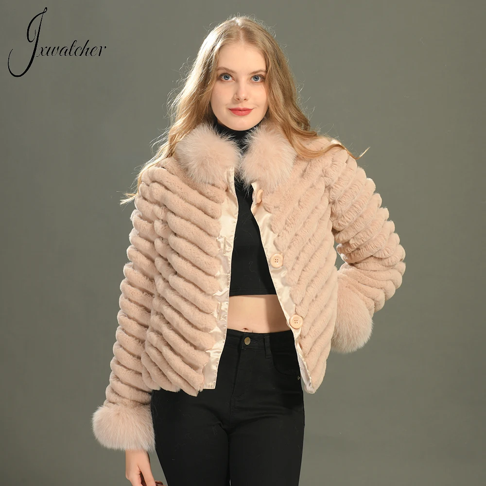 Jxwatcher Natural Rabbit Fur Coat For Women Winter Fashion Reversible Fur Jacket With Real Fox Fur Ladies Luxury Casaco Autumn