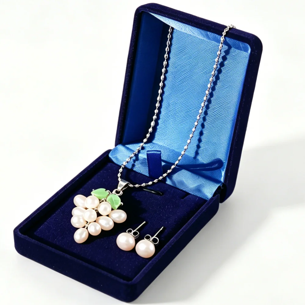 Grapes Shaped Pendant Necklace Earrings Set Women Freshwater Pearl Beaded Choker White Black Pink 3 Colors Christmas Gift Box