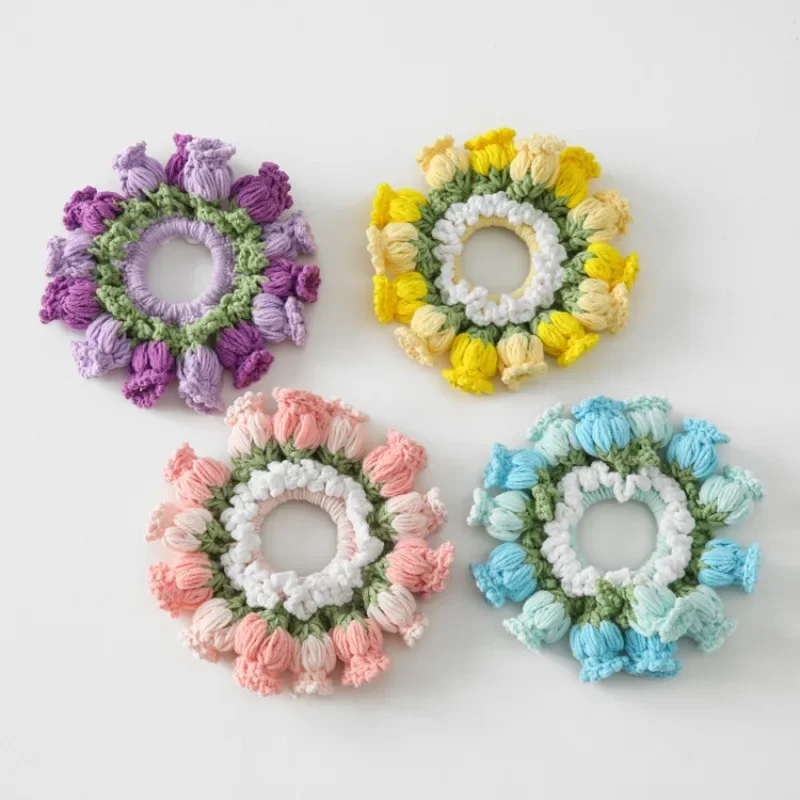 Handmade Knitted Crochet Hairring Colored Orchid Bell Flower Cute Hair Tie Hairband Pure Hand Knitting Hair Jewelry Headwear