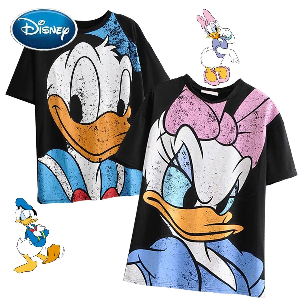 

Disney Donald Daisy Duck Cartoon Print Black Women T-Shirt O-Neck Pullover Short Sleeve Casual Sweet Streetwear Loose Tee Tops