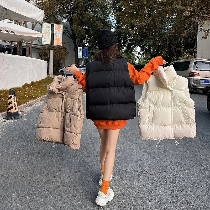 Women Vests Sleeveless Stand Collar Solid Color Coats Zipper Pockets High Street Outerwear Autumn 2023 Draw String Regular