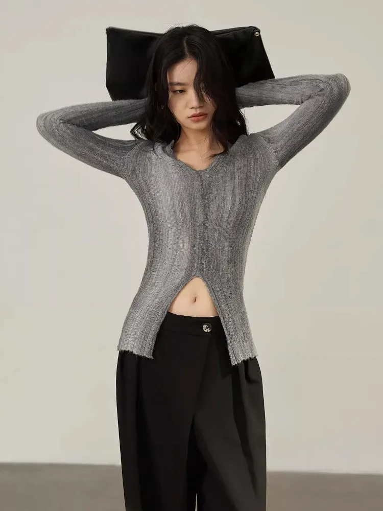 CHEERART Designer Gradient Grey Long Sleeve Knitted Top V Neck Sweater Women Pullover Knitwear Fall Clothes 2024 Women