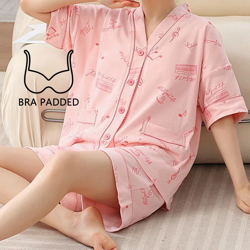 Summer Kimono Style Cardigan Women Pajamas Set Cartoon Sleepwear Korean V-neck Pijamas Chest Padded Nightwear M-5XL Shorts Pjs