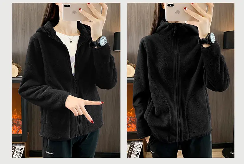 Zip-up Hooded Double-sided Wear Flannel Sweatshirt Women Thick Slim Fleece-lined Jacket Outdoor Sports Y2k Autumn Winter Coat