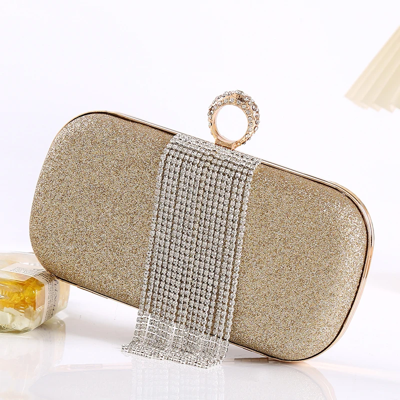 Rhinestone Tassel Clutch Purse with Crystal Ring Clasp Evening Handbag for Bridal Wedding Party Matte Sequins Women Shoulder Bag