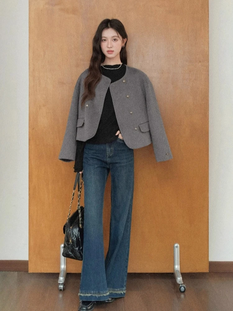 ALXNAN حجم كبير قميص أسود الياقة المدورة كشكش المرقعة المرأة بلوفر مغزول تنوعا عادية بأكمام طويلة D58150-1