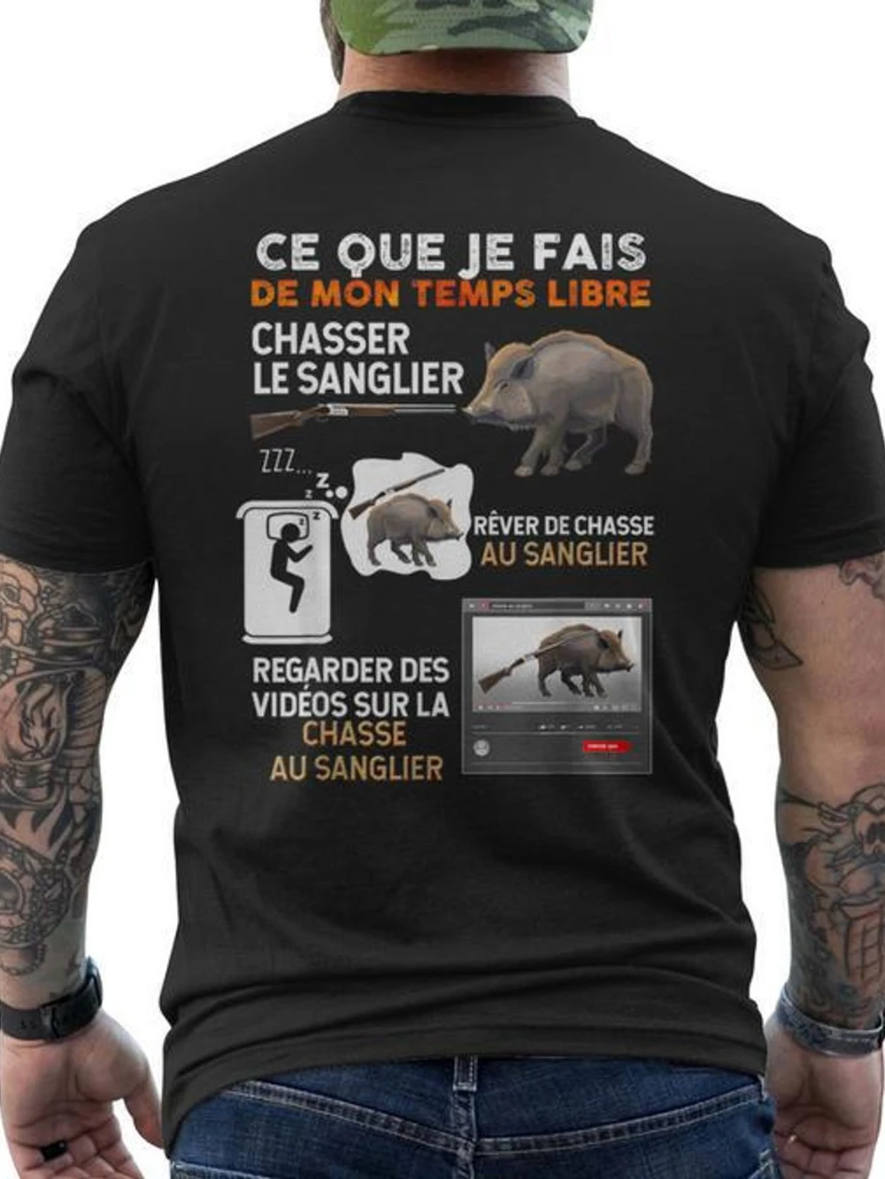 Men's Humorous T-shirt with French Hunting Quotes and Wild Boar Design Printed on The Back, Ideal for Hunters and Hunters