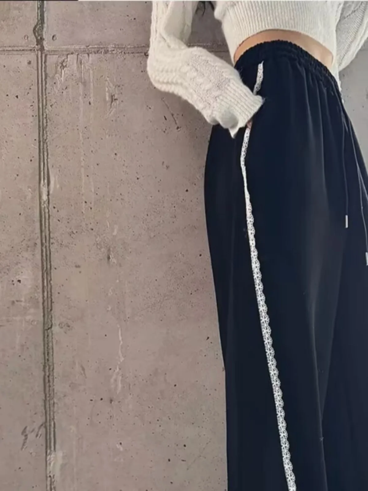 Korean Sle Casual Pants Women's Loose Wide Leg Lace Patchwork Long Trousers Faionable Comfortable High Waist Straight Leg