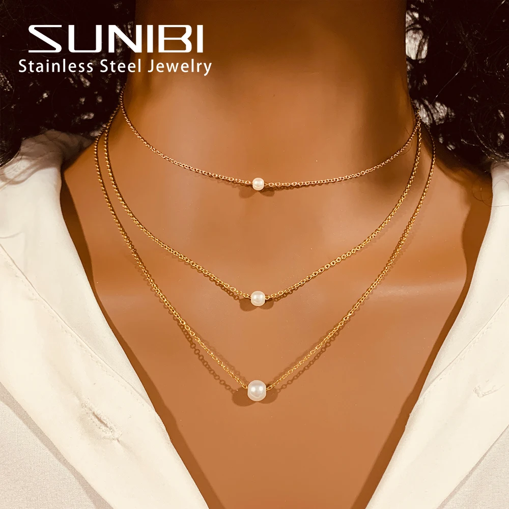 SUNIBI 316L Stainless Steel Choker Necklace for Women Imitated Pearl Dainty Pendant Necklaces Girl Gift Jewelry Accessories