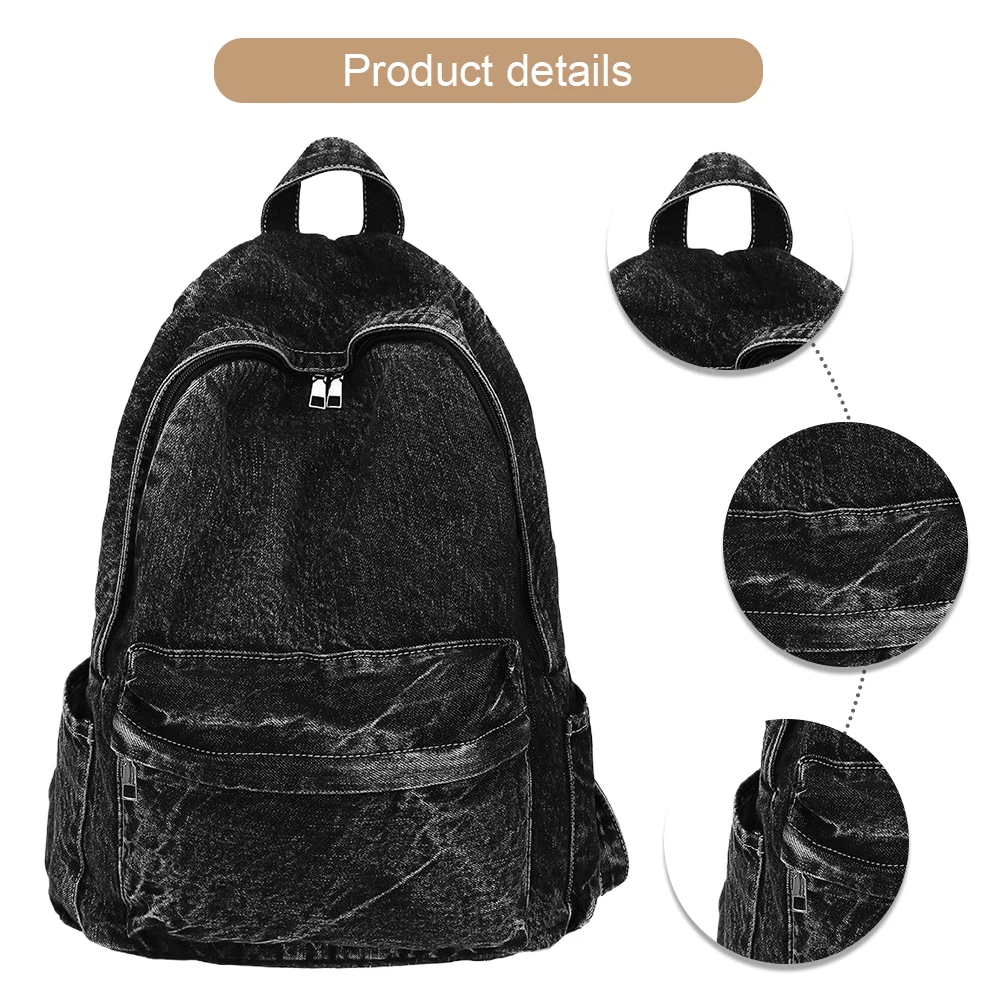 Shoulder Bag for Women Men Multi-pocket School Bag Denim Zipper Retro Rucksack Solid Daypack Travel Gym Bag