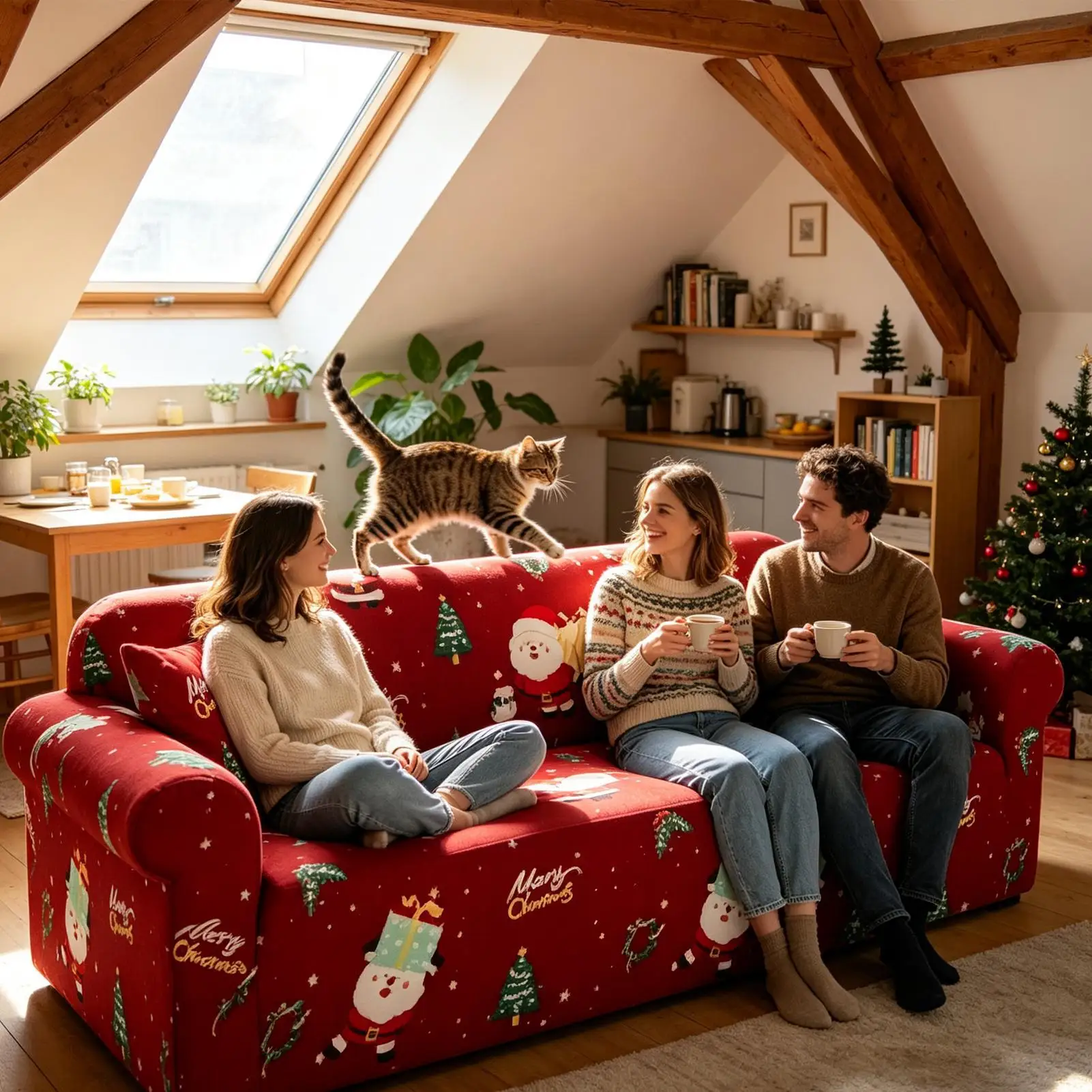 Couch Cover Christmas Decor Elastic Holiday Furniture Protector Santa Claus 3-4 Seater Sofa Slipcover For Holiday Party
