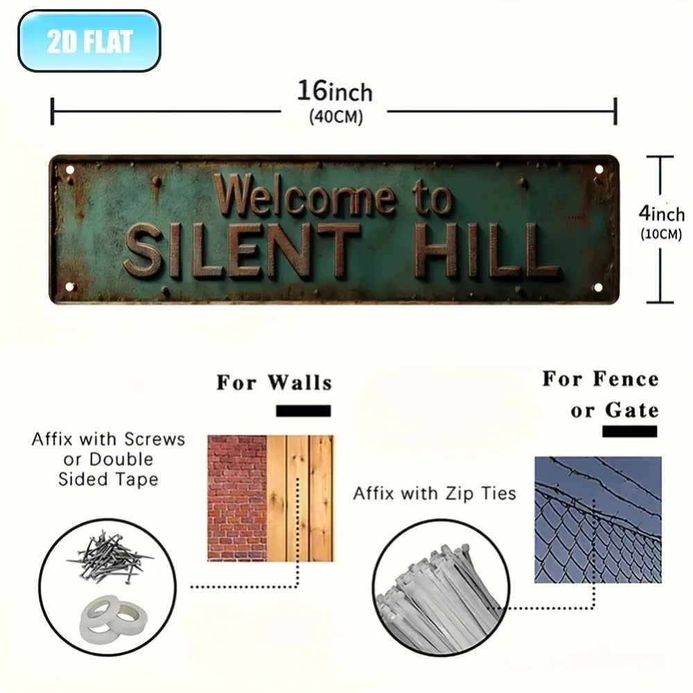 لافتة معدنية عتيقة "مرحبًا بكم في سايلنت هيل" - ديكور ألومنيوم أخضر ريفي، لوحة فنية جدارية داخلية وخارجية لمرآب البار #4