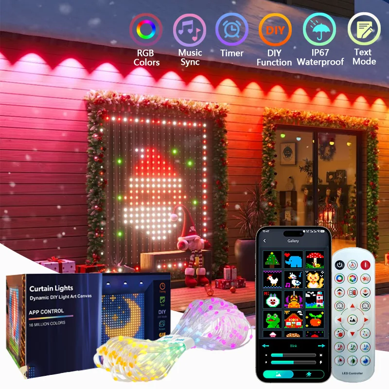 Luci per tende intelligenti Lucine a LED per esterni IP67 Luci a corda impermeabili Modello fai-da-te Timer di sincronizzazione musicale per decorazioni natalizie domestiche