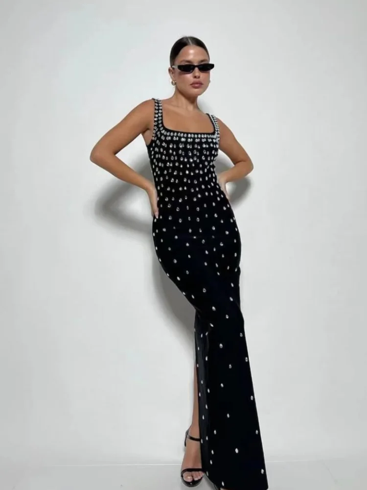 

2025 Women Celebrity Sexy Sleeveless O Neck Crystal Diamonds Split Black Maxi Long Dress Elegant Evening Club Party Outfit