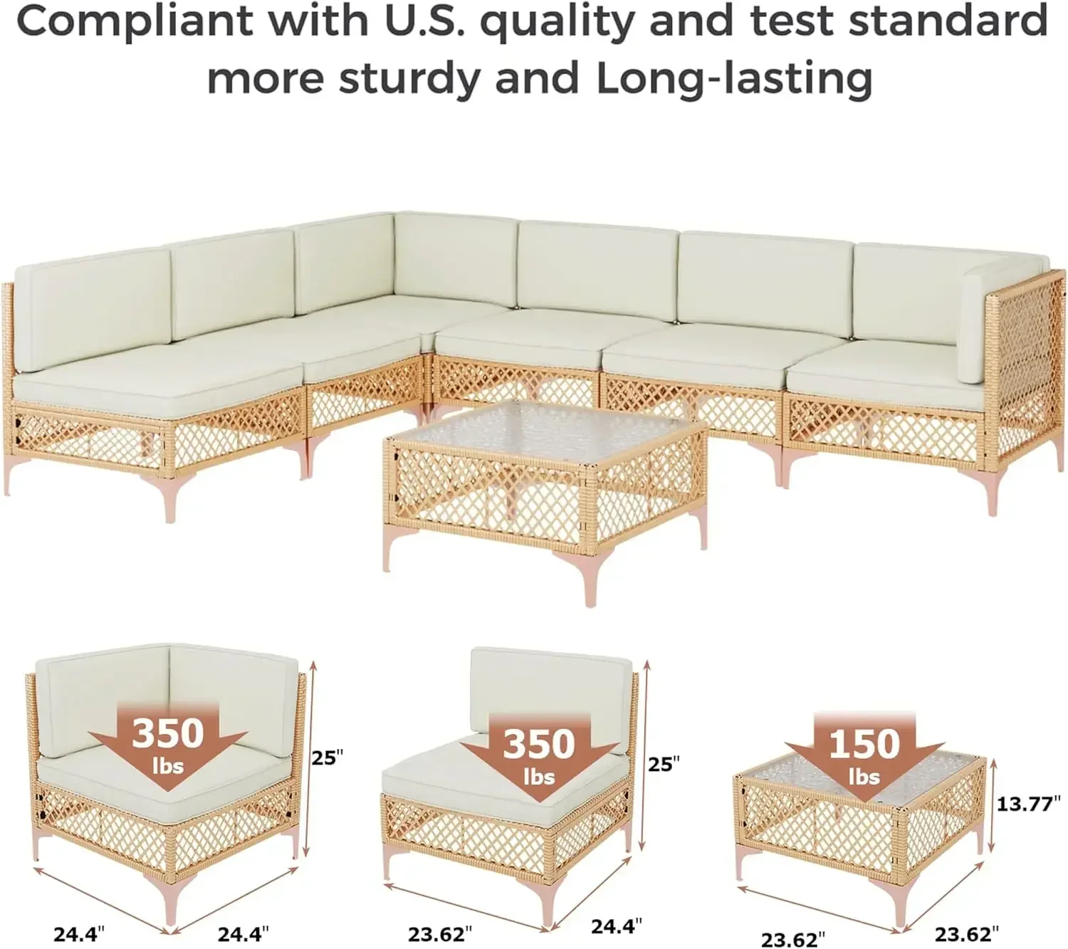 Outdoor Patio Furniture Set, Wicker Outdoor Sectional Set, Boho Patio Conversation Sectional Sofa with Large Tempered Glass Coff