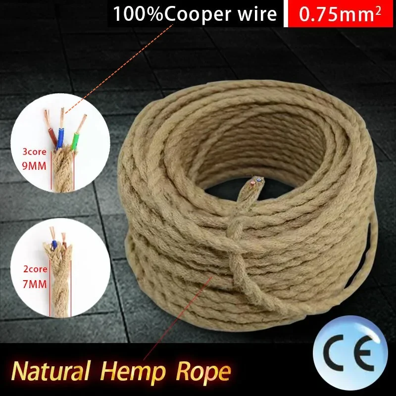 3m,5m,10m 2x0.75MM Vintage Rope Wire Twisted Cable Hemp Rope Cord Pendant Lamp Wire Vintage Lamp Cord Fabric Electric Cord