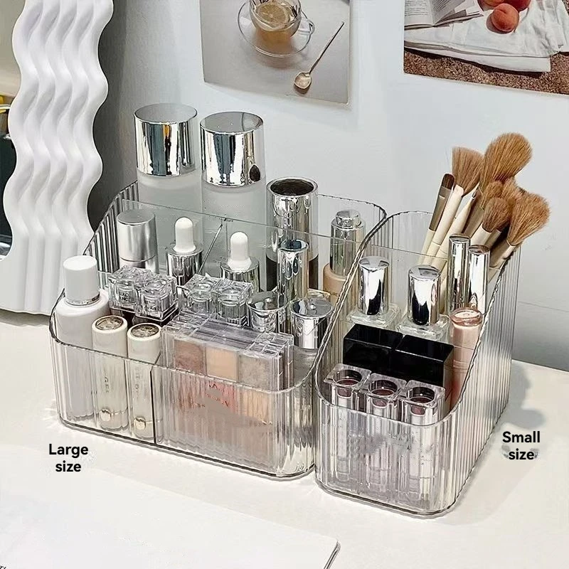 1Pc/ Light Luxury Transparent Cosmetic Storage Box with Desktop Compartment Design, Rectangular Plastic Storage Without Lid