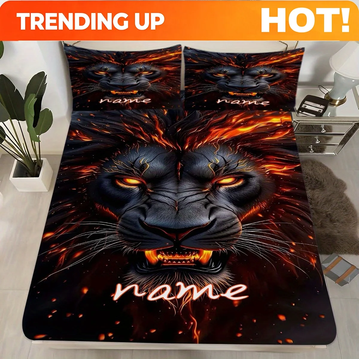 Customize (Customized) Bed Sheet Set - 3pcs Lion Print Pattern Customizable Name Mattress Protector (1 Fitted Sheet + 2 Pillowca