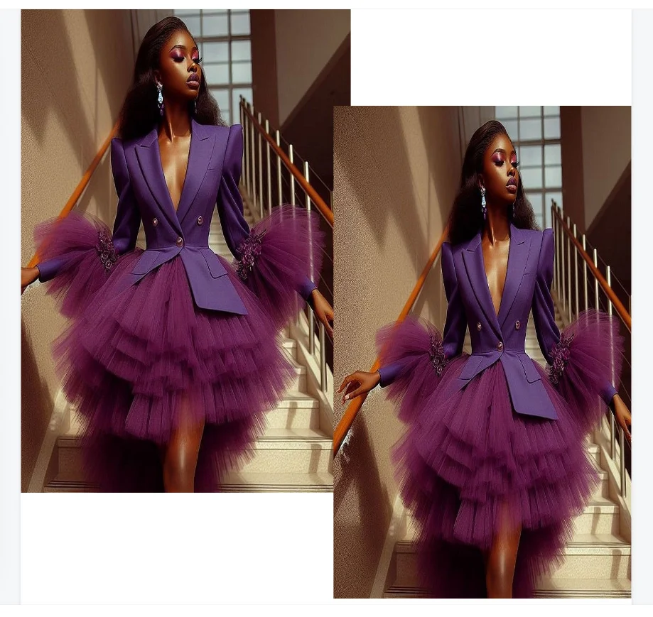 

Purple Women Suit Skirts Set 2 Pieces Blazer+Tulle Prom Dress Customized Autumn Fall Formal Guest Wedding Tuxedos Party Coat