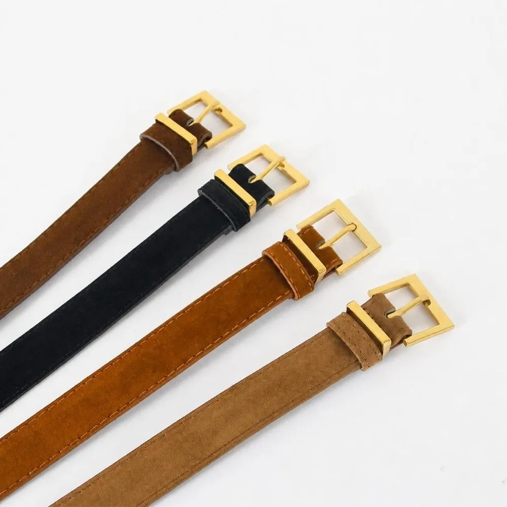 Vintage Square Alloy Pin Buckle Waist Belt Faux Suede Matte Casual Waist Strap Simple Suede Leather Belt For Outfit Matching