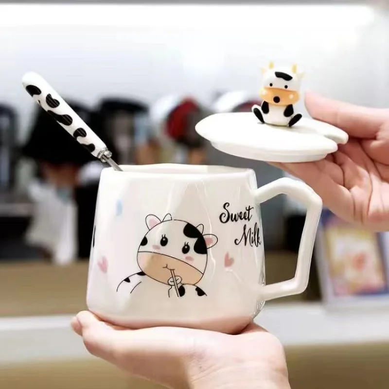 Ceramic Cute Cow Mug Coffee Cups Lids Spoons Children\'s Large-capacity Water Office Milk New Product Creative Home Drinkware