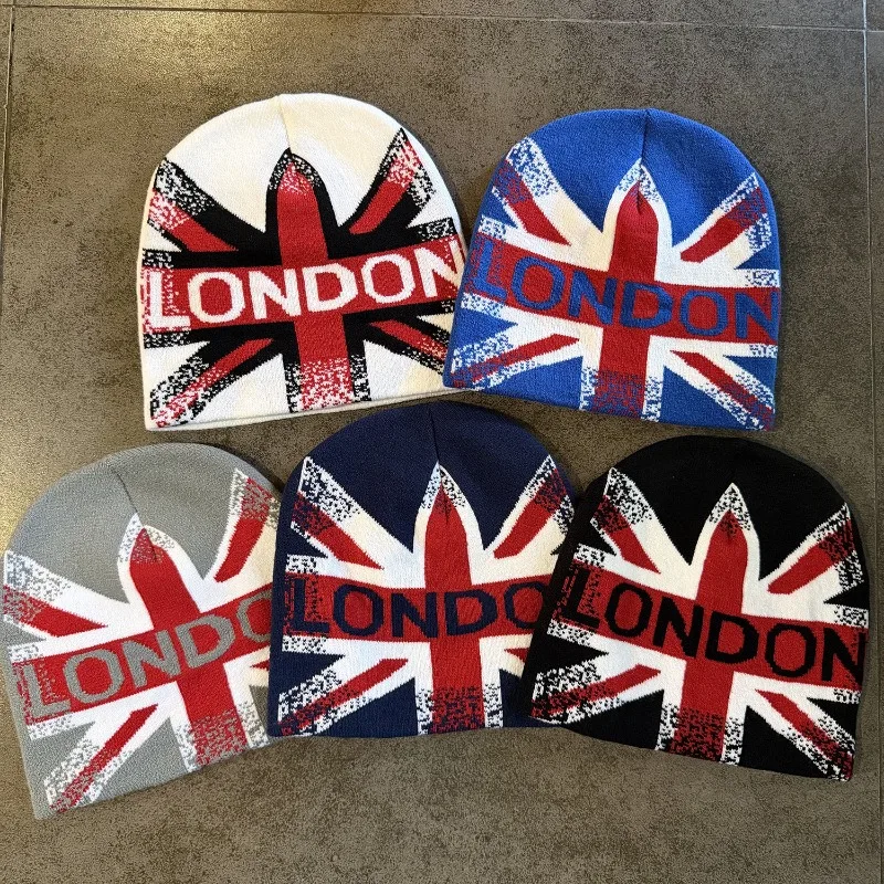 1pc British Style London Flag Knit Beanie Hat Classic Union Jack Jacquard Print Warm Winter Skullcap Elastic Headwear Multi‑Tone