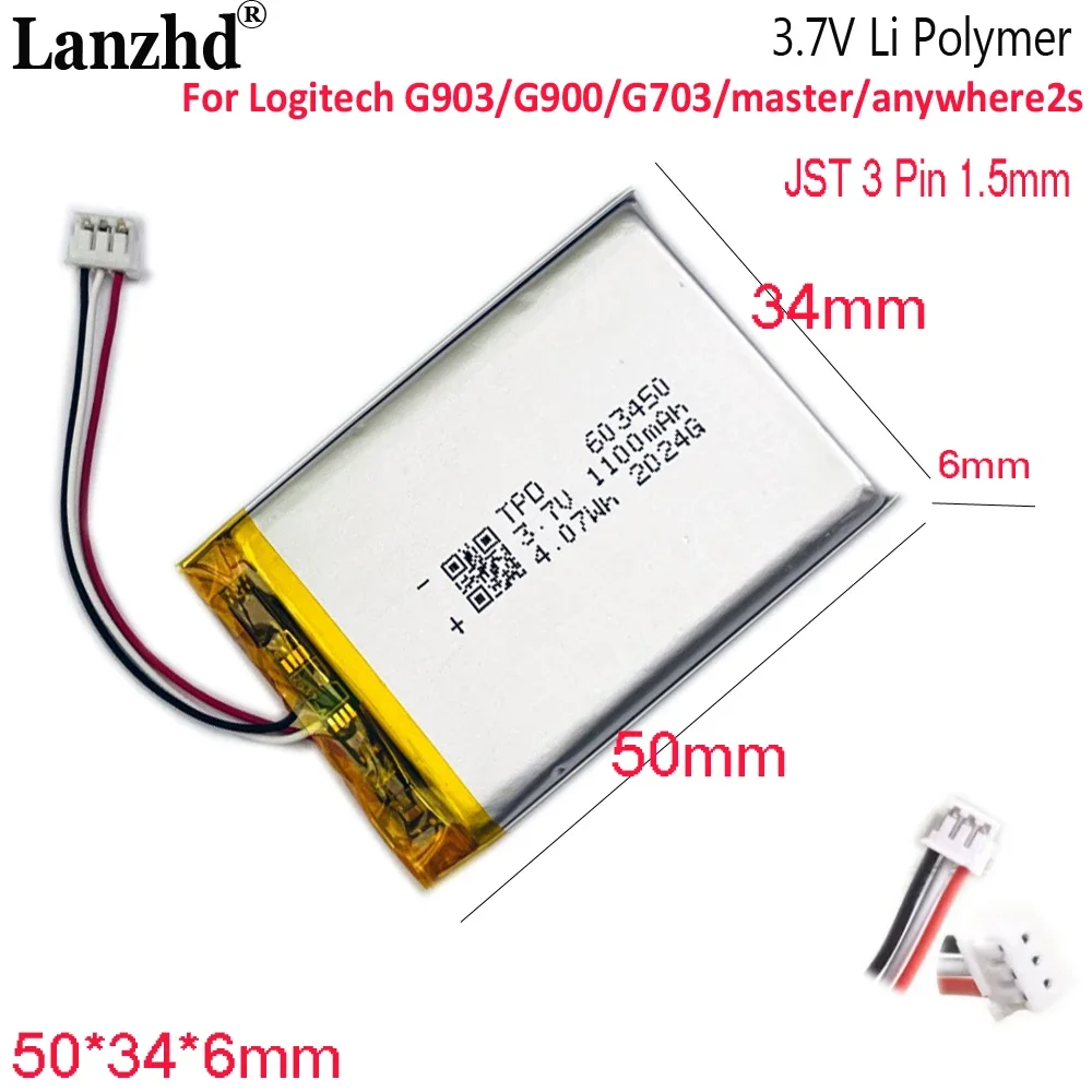 

3.7V 1100mAh Battery 603450 with JST ZH 1.5mm 3pin Connector For Logitech G900 G903 G400 G703 Wireless Mouse master cells