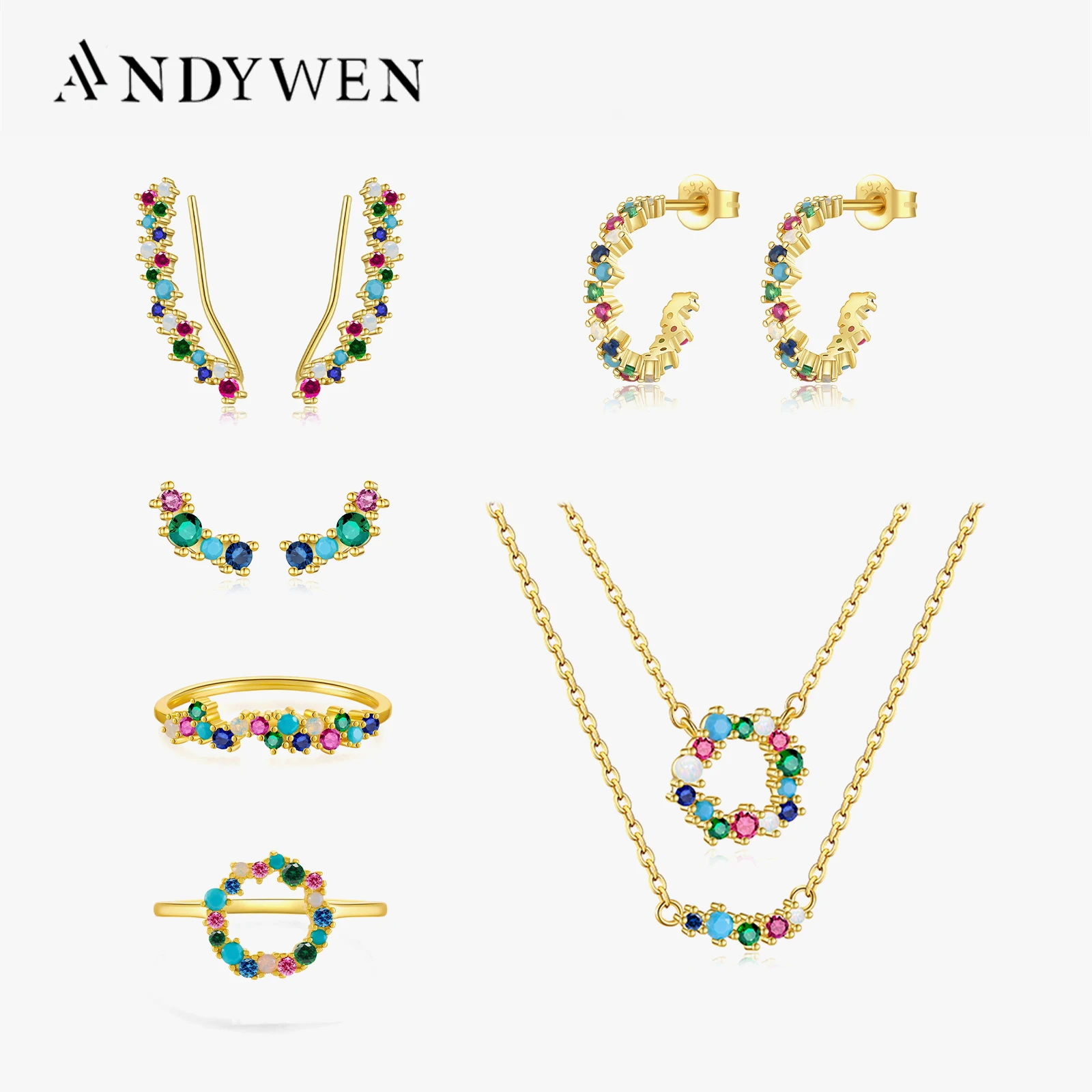 

ANDYWEN 925 Sterling Silver Rainbow CZ Spring Angelique Sparkle Tutti Frutti Clips Hoop Stud Earring Ring Collar Jewelry Set