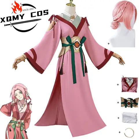 XQAnime Haruno Sakura Cosplay Costume Japanese Ninja Pink Kimono Bathrobe Dress Wig Adult Woman Sexy Carnival Halloween Suit
