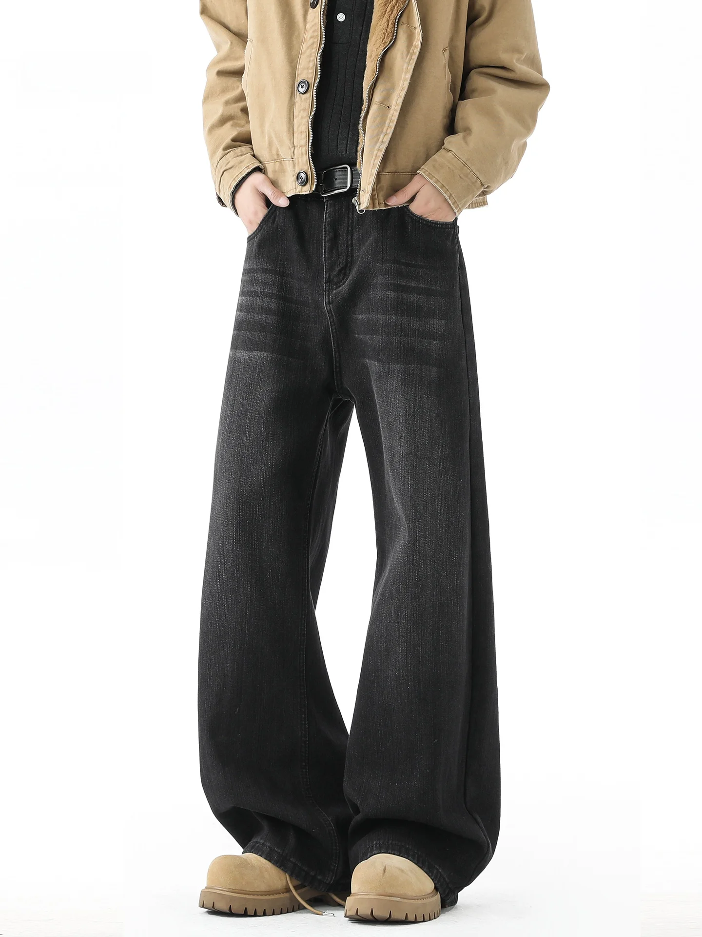 

American High Street Men's Fce Lined Straight Leg Jeans Spring Autumn New Waed Bamboo Node Pattern Loose Long Pants