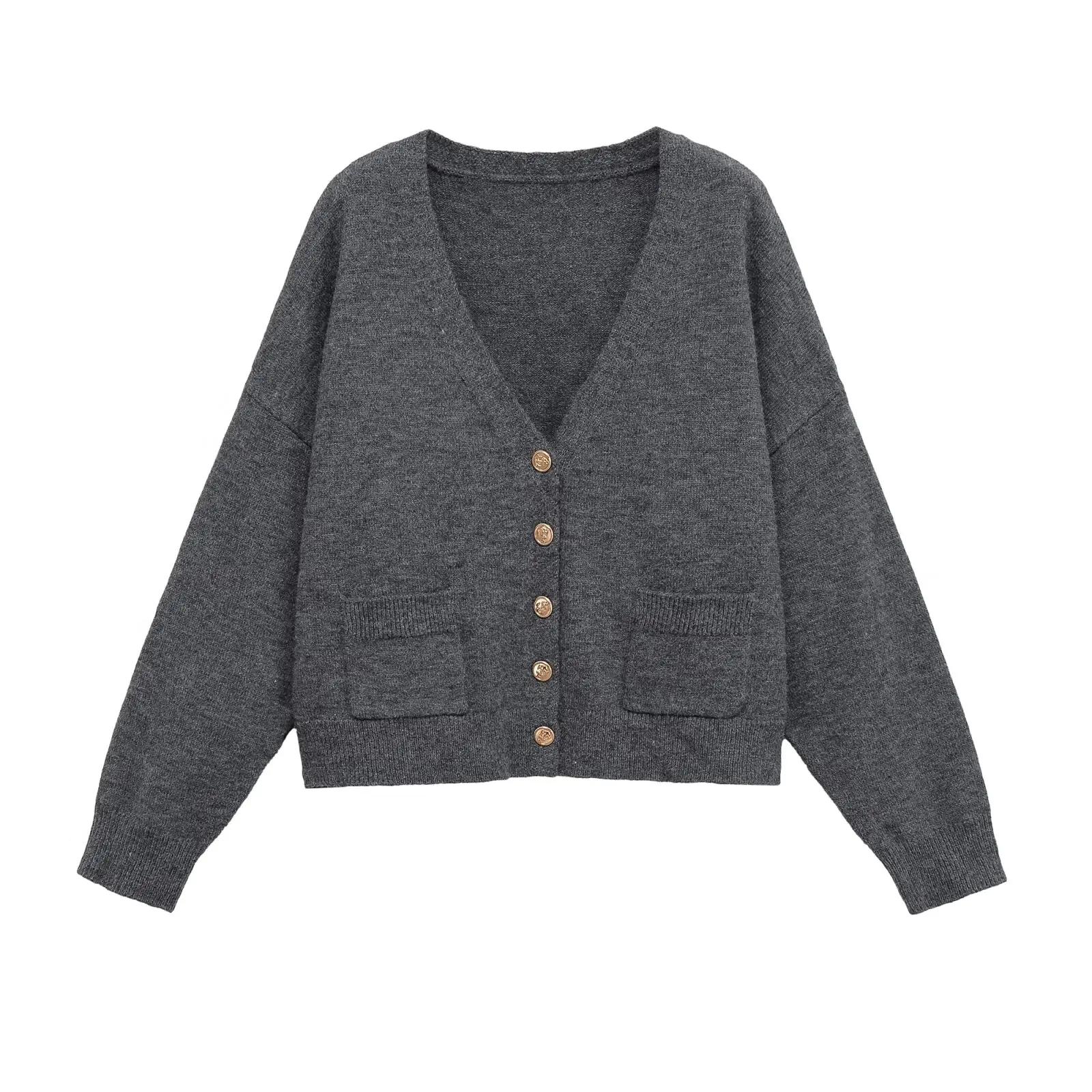 

Gold Button V-Ne Knitwear Wool Blend Casual Loose Fit Women's Long Sve Cardigan Sweet Sle Polyester Fiber