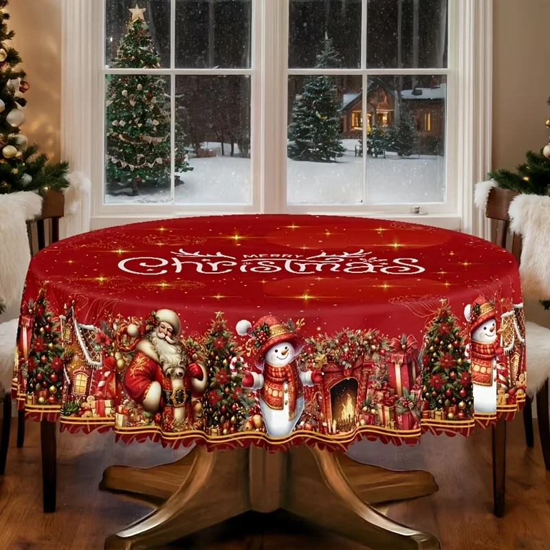 Pack of 1, New Year's Christmas Themed Party Tablecloth, Red Snowman Santa Tree Printing
