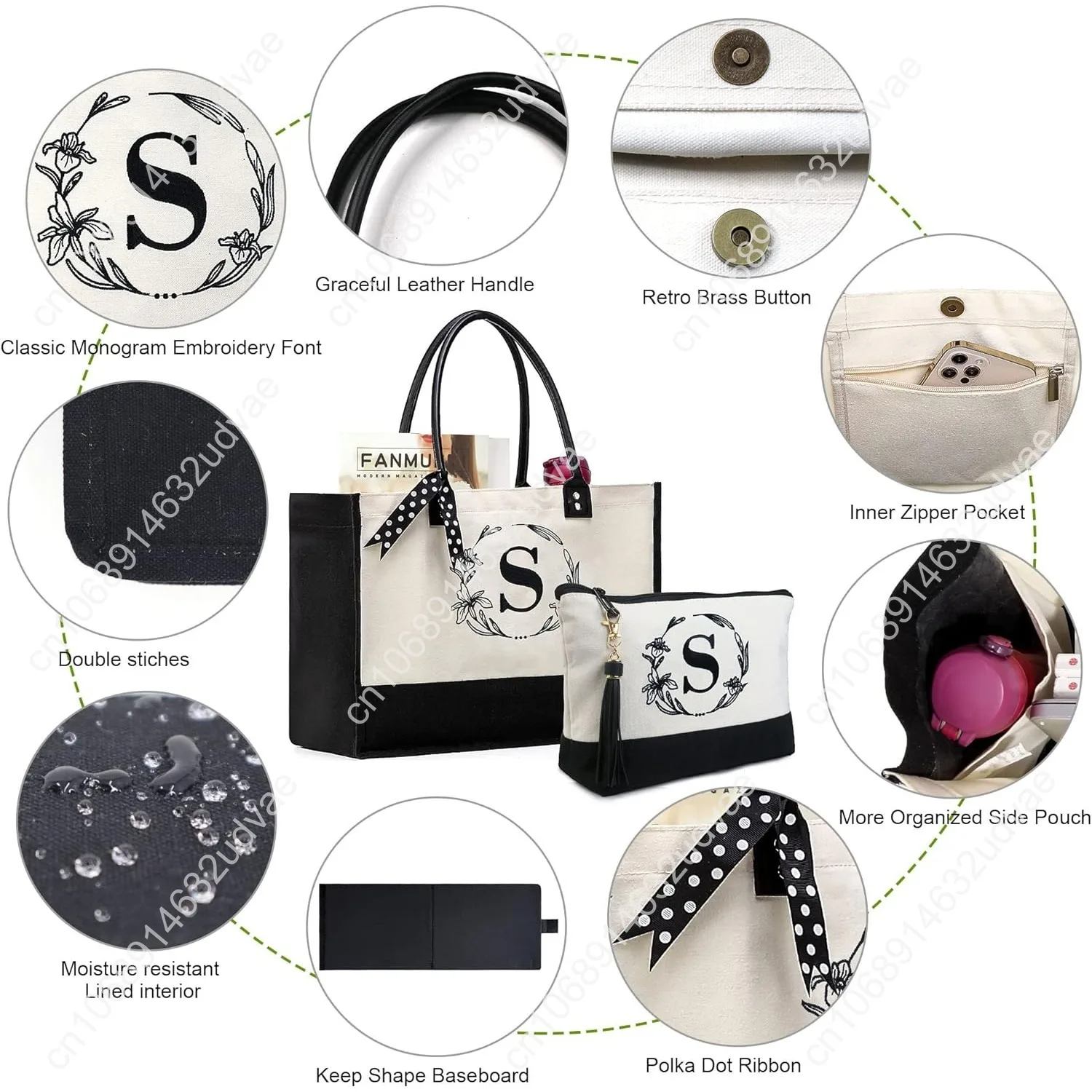 BeeGreen Mother's Day Gifts Personalized Women's Large White and Black Canvas Tote Bag, Embroidered Initials, Leather Handle, Zi