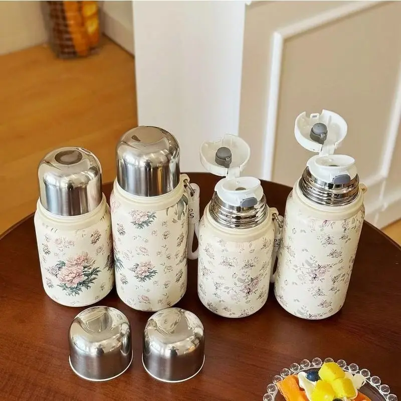 Chinese Vintage Rose Peony Insulated Stainless Steel Thermos Large Capacity Portable Tea Infuser Tumbler with Handle Rope