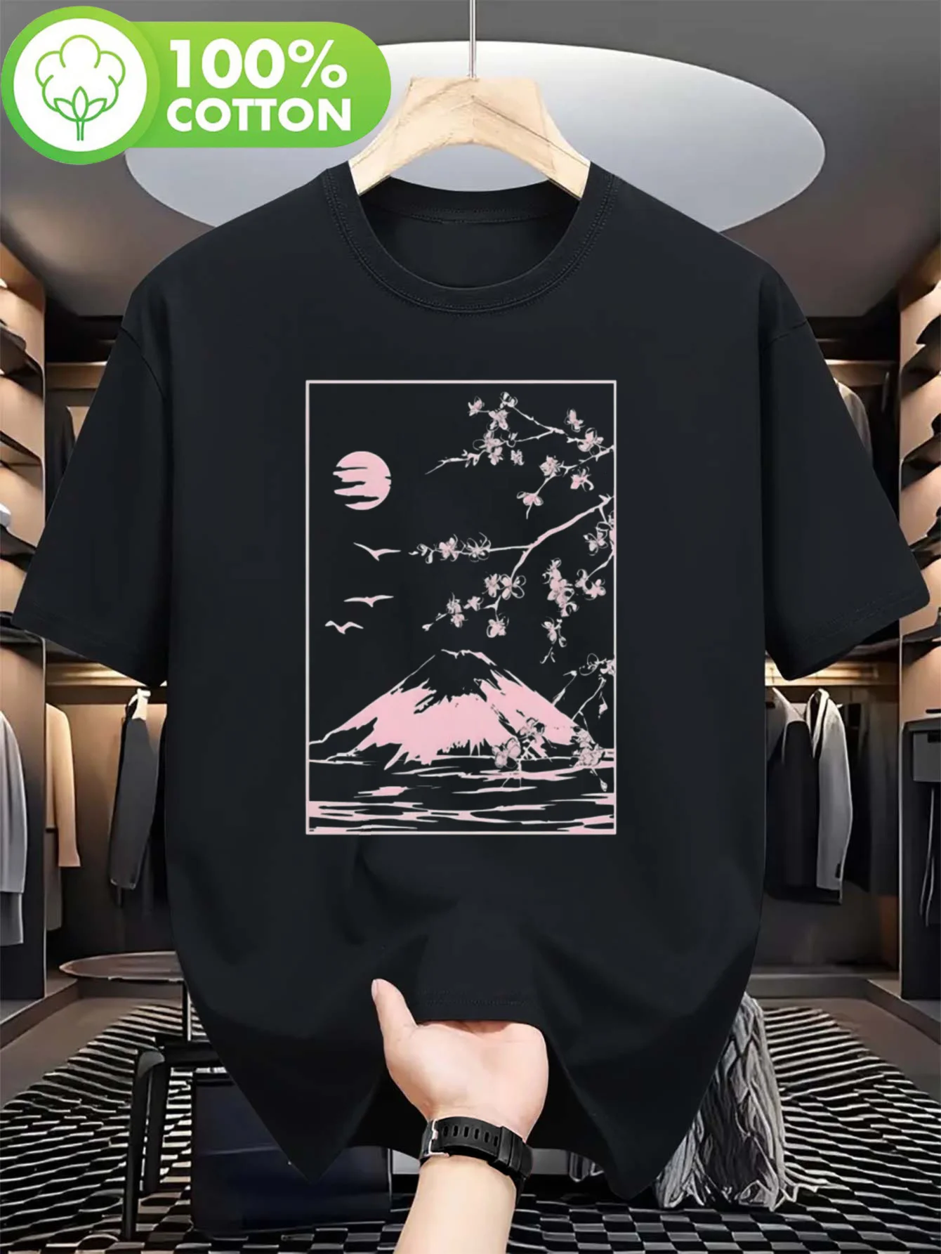 

Unisex Oversized Cotton T-Shirt - Japanese Mount Fuji Snowscape Graphic Tee Soft Breathable Fabric, Relaxed Fit for Men