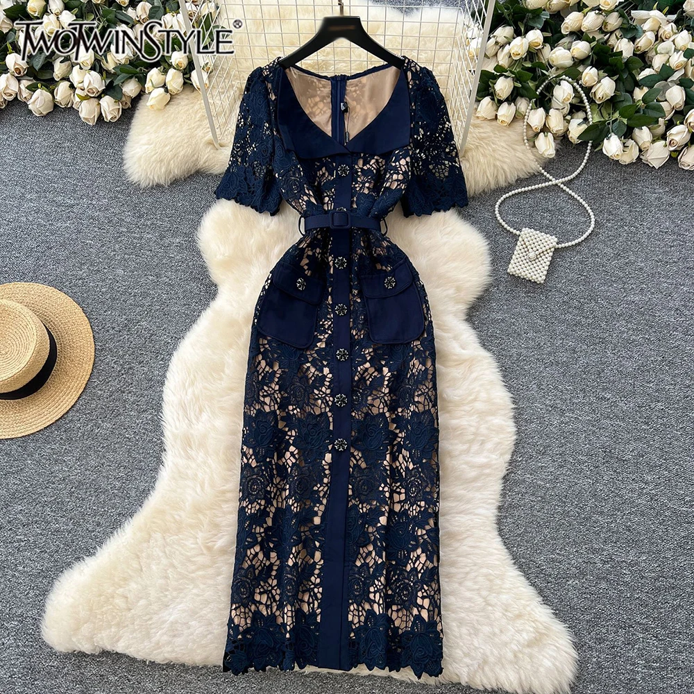 

TWOTWINSTYLE Slimming Elegant Solid Lace Dresses For Women V Neck Short Sleeve High Waist Temperament Dress Female New KDR543030