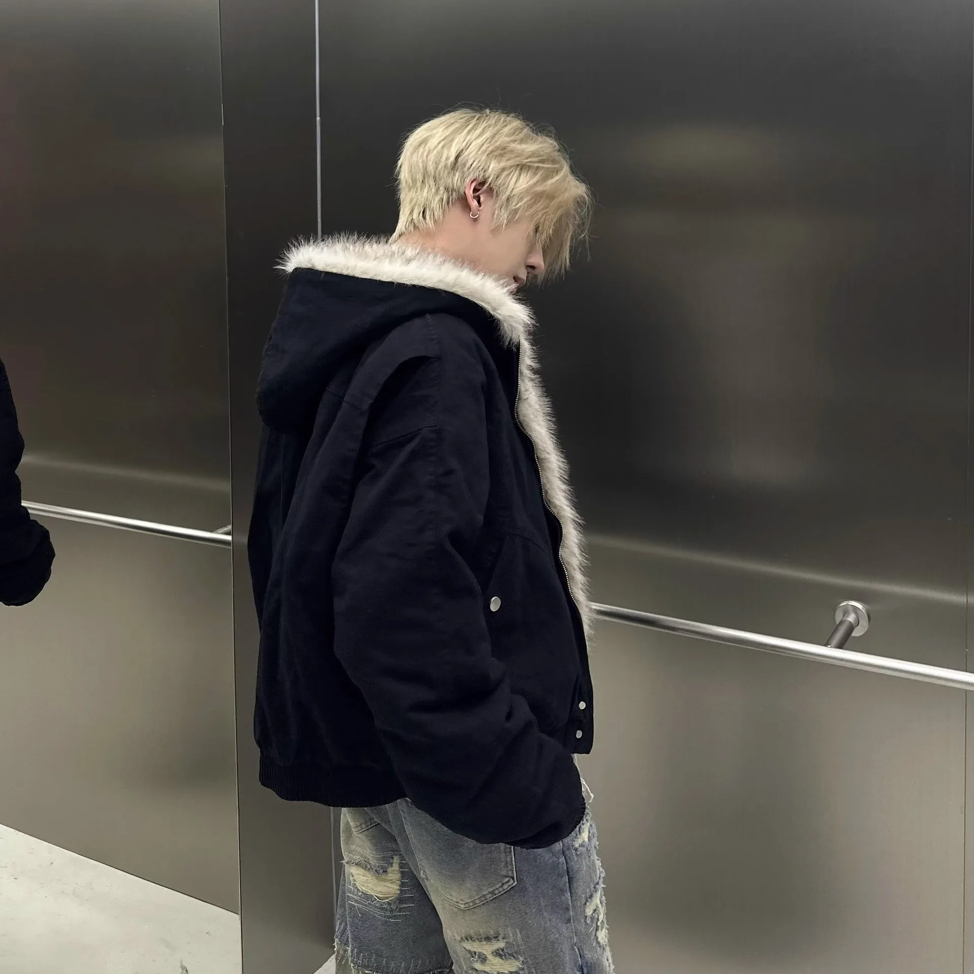 الخريف/الشتاء Y2K الأمريكية الرجعية شارع العليا الفراء طوق سميكة سترة قطن الرجال والنساء الشرير الشارع فضفاض قصير سترة غير رسمية