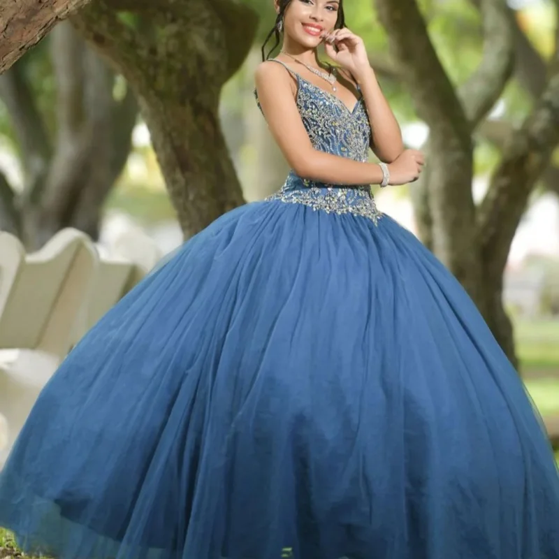 

Синее платье Quinceanera с открытыми плечами и кристаллами, длинный хвост, платья de 15, Quinceanera ﻿ Настроить