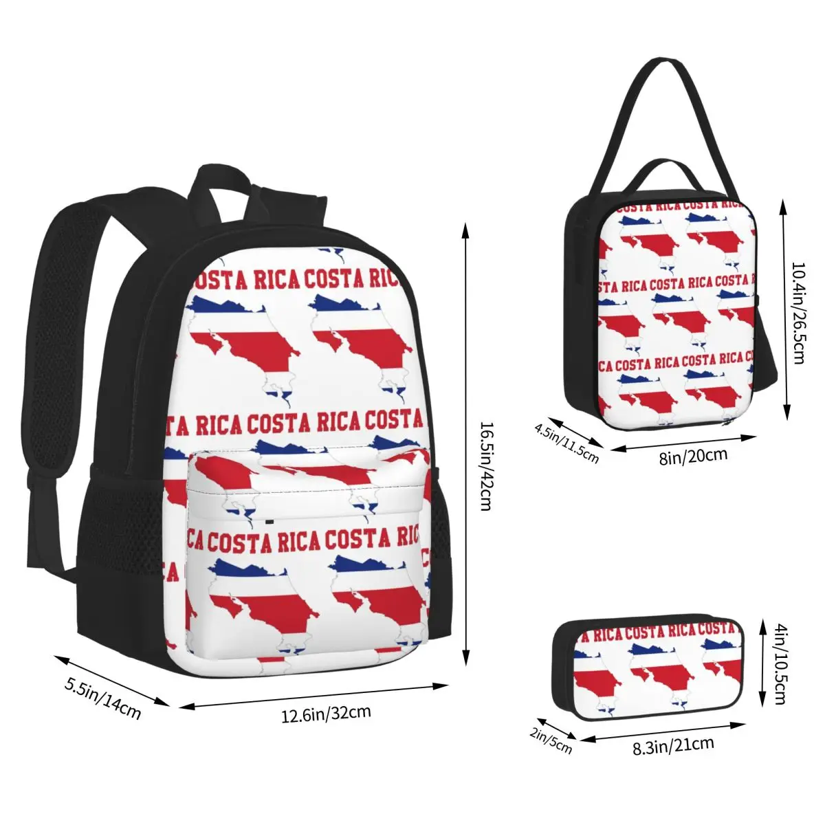 Costa Rica Flag Graphic Backpacks Students Bookbag School Bags Rucksack Lunch Bag Pen Bag Three-Piece Set